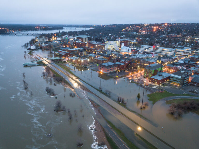 Downtown Fredericton under water during the flood of 2018, New Brunswick, Canada